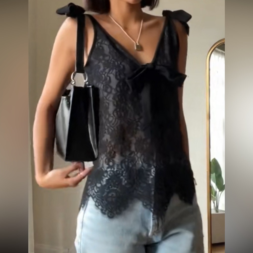 NWT Y2K Dark Grey with Black Lace blouse